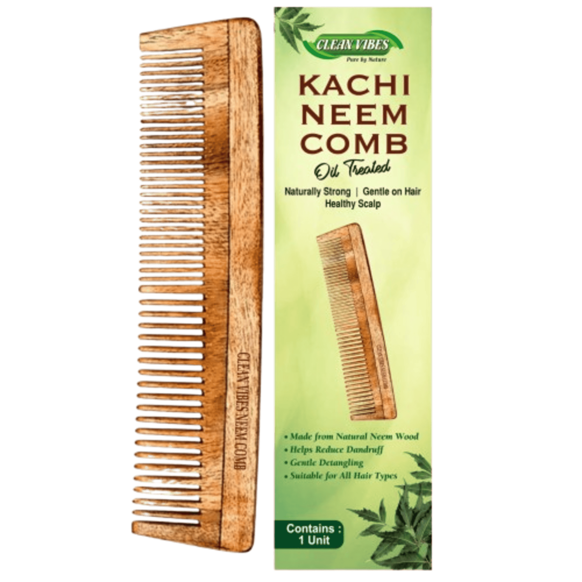 Handcrafted Kacchi Original Neem Wood Comb of Clean Vibes – 17 Ayurvedic Herbs Neem & Sesame Oil Infused | Reduces Hair Fall, Controls Frizz & Boosts Scalp Health | Dual Tooth Comb for All Hair Types