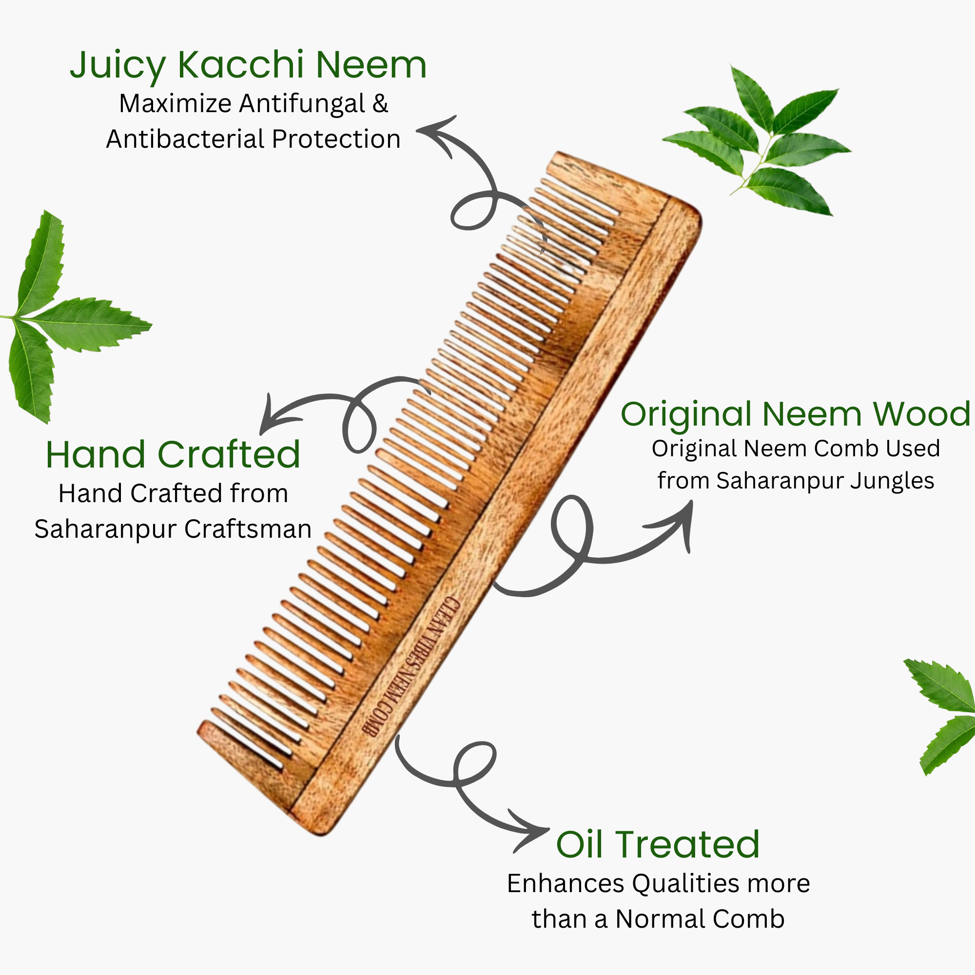 Handcrafted Kacchi Original Neem Wood Comb of Clean Vibes – 17 Ayurvedic Herbs Neem & Sesame Oil Infused | Reduces Hair Fall, Controls Frizz & Boosts Scalp Health | Dual Tooth Comb for All Hair Types - Image 2